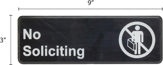 9" x 3" No Soliciting Sign with Easy Peel Self-Adhesive White on Black Color Set of 2- Door Sign Waterproof Self Adhesive Store Signs Indoor/Outdoor Warning Marker Home Business Use