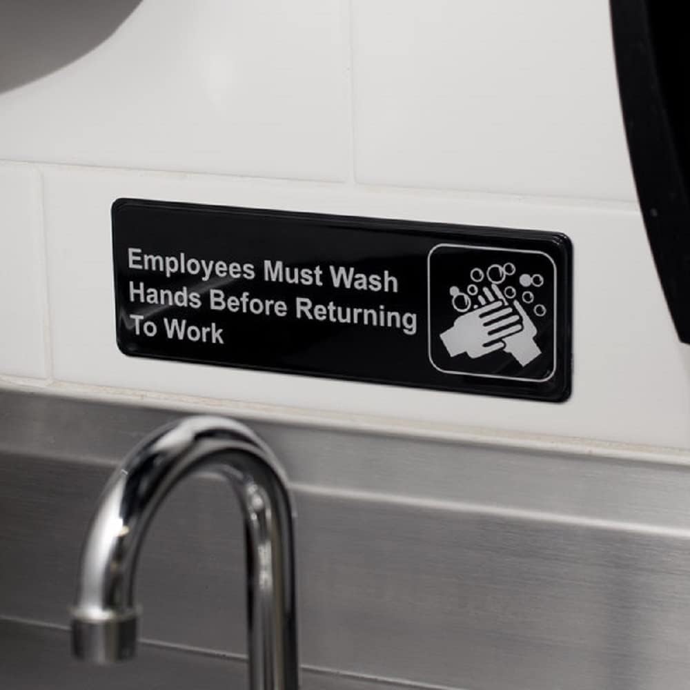 9" x 3" Employees Must Wash Hands Sign with Easy Peel Self-Adhesive White on Black Color Set of 2- Door Sign Waterproof Self Adhesive Store Signs Indoor/Outdoor Warning Marker Home Business Use