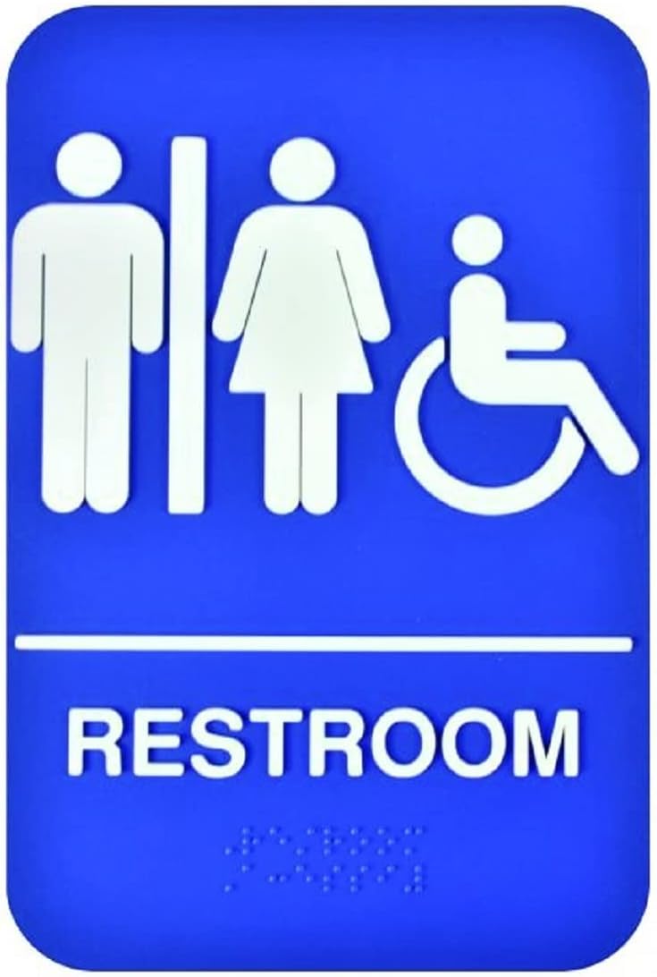 6" x 9" Restroom/Accessible Sign with Braille Easy Peel Self-Adhesive White on Blue Color Set of 2- Waterproof Self Adhesive Store Signs Indoor/Outdoor Warning Marker Home Business Use