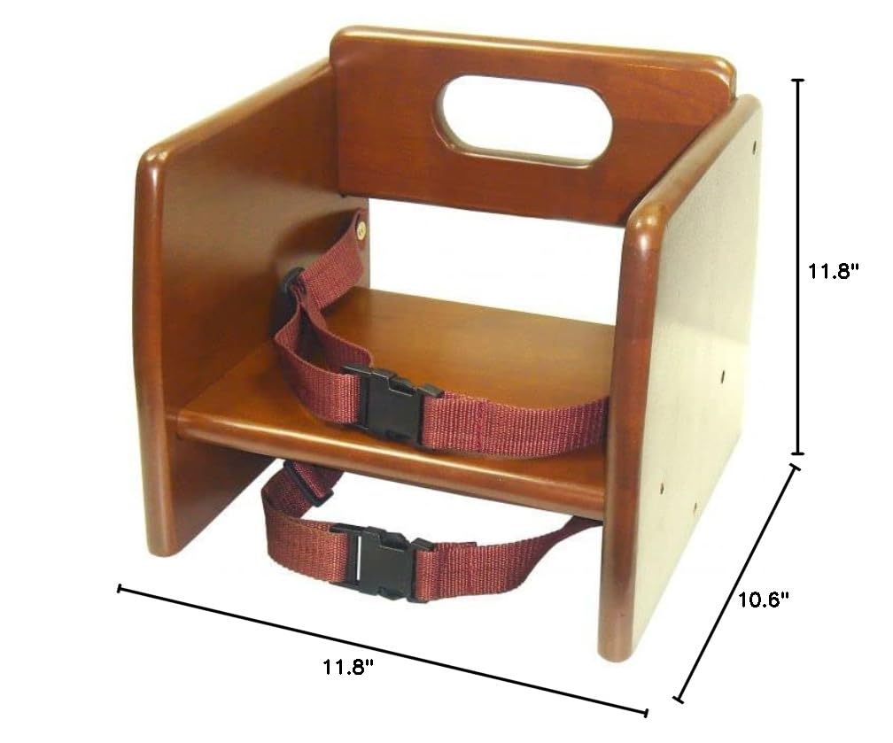 17" Children Booster Seat, Durable Wood Finished Rubber Wood with Harness Straps Seat Back Support Maximum Knock-Down Package, Stackable Booster Seat for Dining Table