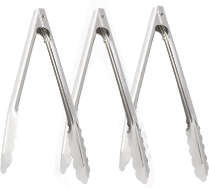 Stainless Steel Coiled Spring Utility Tong Extra Heavy Duty Set of 3- Kitchen Tongs Metal Food Tongs Premium Stainless Steel Tongs for Cooking Food Salad Grilling Barbecue BBQ Buffet