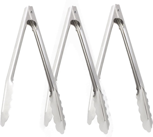 Stainless Steel Coiled Spring Utility Tong Extra Heavy Duty Set of 3- Kitchen Tongs Metal Food Tongs Premium Stainless Steel Tongs for Cooking Food Salad Grilling Barbecue BBQ Buffet