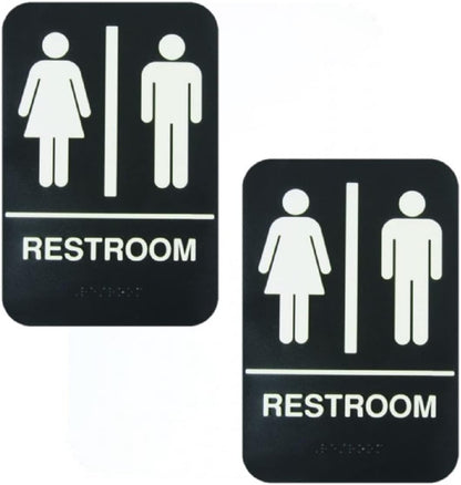 6" x 9" Restroom Sign with Braille Easy Peel Self-Adhesive White on Black Color Set of 2- Waterproof Self Adhesive Store Signs Indoor/Outdoor Warning Marker Home Business Use