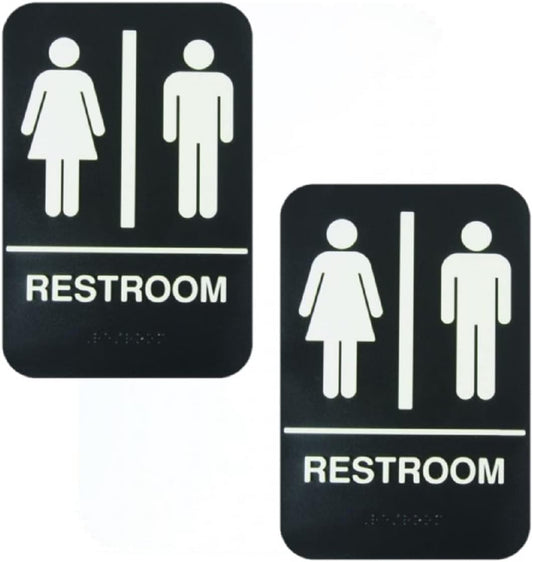 6" x 9" Restroom Sign with Braille Easy Peel Self-Adhesive White on Black Color Set of 2- Waterproof Self Adhesive Store Signs Indoor/Outdoor Warning Marker Home Business Use