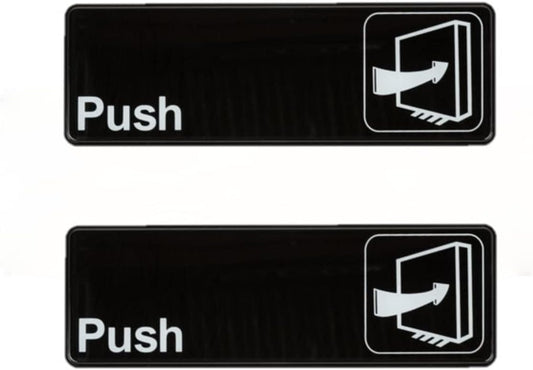 9" x 3" Push Sign with Easy Peel Self-Adhesive White on Black Color Set of 2- Door Sign Waterproof Self Adhesive Store Signs Indoor/Outdoor Warning Marker Home Business Use