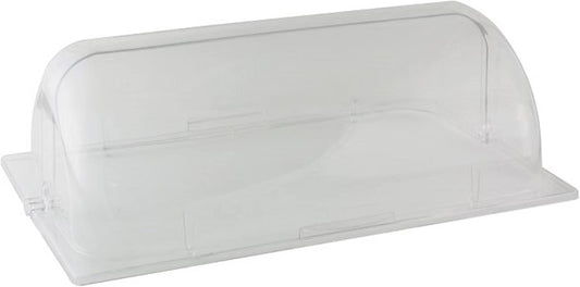 21-1/9" x 14-1/4" x 7-1/3" Roll Top Chafer Cover Opens on both ends Clear Color- Food Pan Cover Pastry Cover Display Cover Serving Platter Cover Clear Food Pan Cover