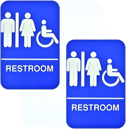 6" x 9" Restroom/Accessible Sign with Braille Easy Peel Self-Adhesive White on Blue Color Set of 2- Waterproof Self Adhesive Store Signs Indoor/Outdoor Warning Marker Home Business Use