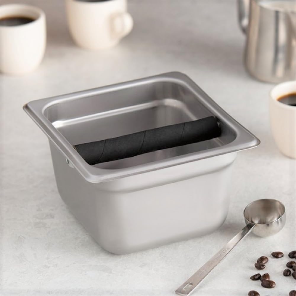 Deep Commercial Grade Stainless Steel Coffee Knock Box with Rubber Knock Bar 0.6mm Thickness- Durable Barista Espresso Knock Box Perfect for Restaurant Cafes Home