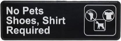 9" x 3" No Pets/Shoes, Shirt Required Sign with Easy Peel Self-Adhesive White on Black Color Set of 2- Door Sign Waterproof Self Adhesive Store Signs Indoor/Outdoor Warning Marker Home Business Use