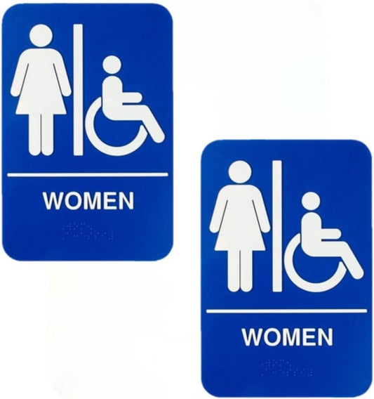 6" x 9" Women/ Wheelchair Accessible Restroom Sign with Braille Easy Peel Self-Adhesive White on Blue Color Set of 2- Waterproof Self Adhesive Store Signs Indoor/Outdoor Warning Marker Home Business Use