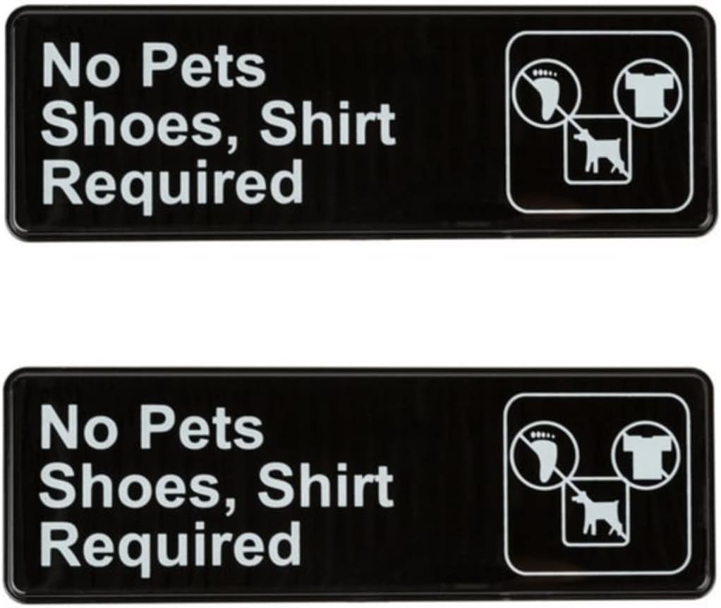 9" x 3" No Pets/Shoes, Shirt Required Sign with Easy Peel Self-Adhesive White on Black Color Set of 2- Door Sign Waterproof Self Adhesive Store Signs Indoor/Outdoor Warning Marker Home Business Use