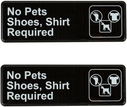 9" x 3" No Pets/Shoes, Shirt Required Sign with Easy Peel Self-Adhesive White on Black Color Set of 2- Door Sign Waterproof Self Adhesive Store Signs Indoor/Outdoor Warning Marker Home Business Use