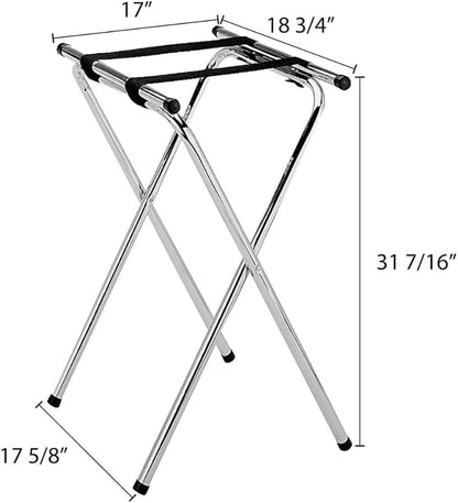 Folding Serving Tray Stand Chrome Plated Iron with Black Nylon Straps - Use at Home Hotels and Restaurants