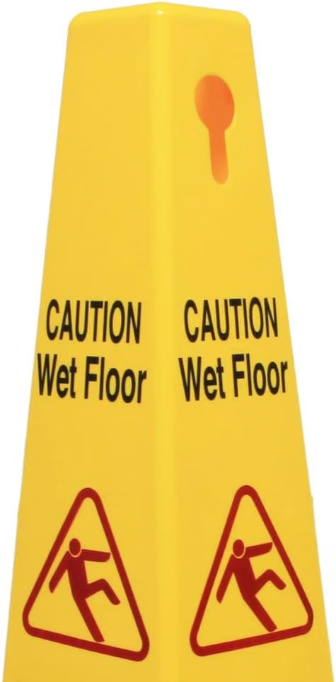 10 3/4" x 10 3/4" Cone Shape Wet Floor Caution Sign Yellow Color- Four-Sided Safety Warning Signs for Commercial Use 27 Inches Height Bilingual Warning Sign