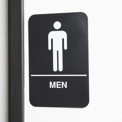 Set of 2 Men Restroom Sign with Braille 6" x 9" with Easy Peel Self-Adhesive White on Black Color- Bathroom Signs Waterproof Long-Lasting Self Adhesive for Indoor/Outdoor Home or Business Use