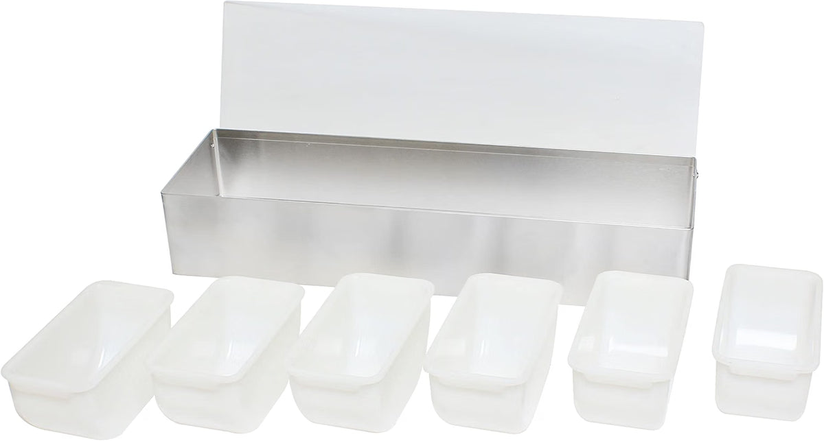 Compartment Condiment Dispenser Garnish Tray Bar Caddy Stainless Steel Body with Acrylic Hinged White Color Lid- Condiment Server Caddy Bar Garnish Holder Bar Accessories Fruit Salad