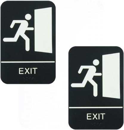 6" x 9" Exit Sign with Braille Easy Peel Self-Adhesive White on Black Color Set of 2- Waterproof Self Adhesive Store Signs Indoor/Outdoor Warning Marker Home Business Use