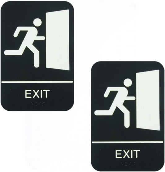 6" x 9" Exit Sign with Braille Easy Peel Self-Adhesive White on Black Color Set of 2- Waterproof Self Adhesive Store Signs Indoor/Outdoor Warning Marker Home Business Use