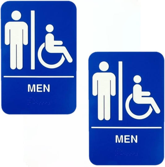 6" x 9" Men/ Wheelchair Accessible Restroom Sign with Braille Easy Peel Self-Adhesive White on Blue Color Set of 2- Waterproof Self Adhesive Store Signs Indoor/Outdoor Warning Marker Home Business Use