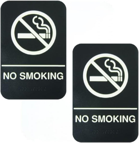 6" x 9" No Smoking Sign with Braille Easy Peel Self-Adhesive White on Black Color Set of 2- Waterproof Self Adhesive Store Signs Indoor/Outdoor Warning Marker Home Business Use