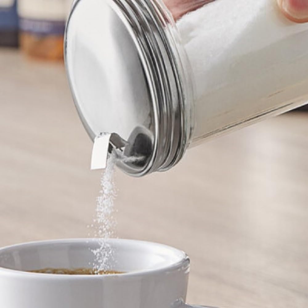 12oz Glass Sugar Dispenser Pourer Shaker with Side Flip Stainless Steel Lid Cover- Paneled design Sugar Cinnamon Sugar Pepper Powder Cocoa Shaker for Kitchen and Restaurants