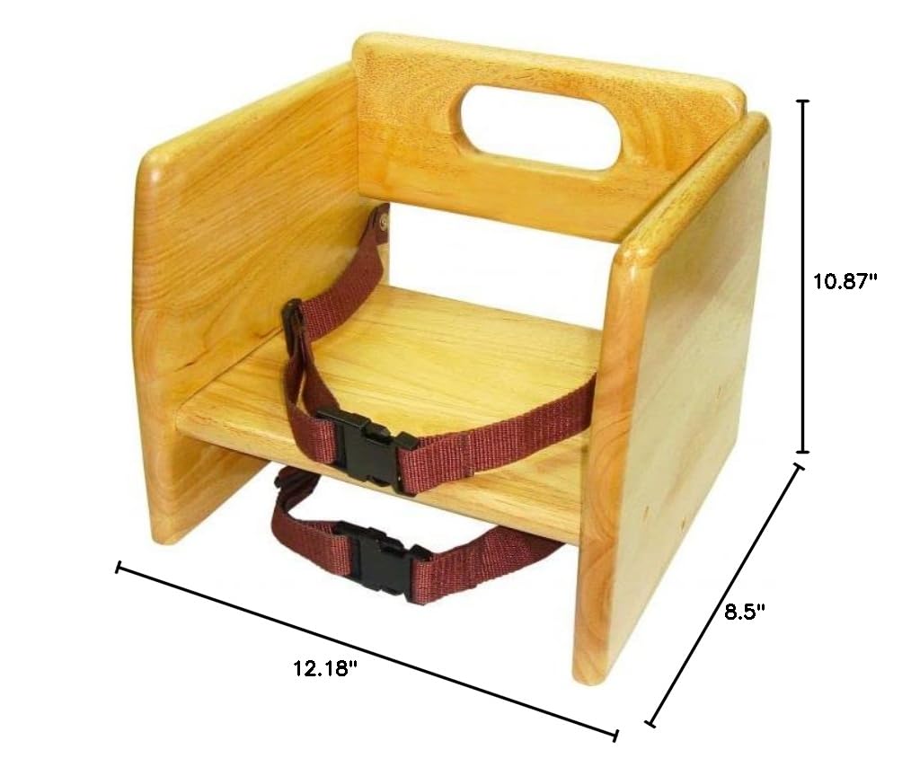 17" Children Booster Seat, Durable Wood Finished Rubber Wood with Harness Straps Seat Back Support Maximum Knock-Down Package, Stackable Booster Seat for Dining Table
