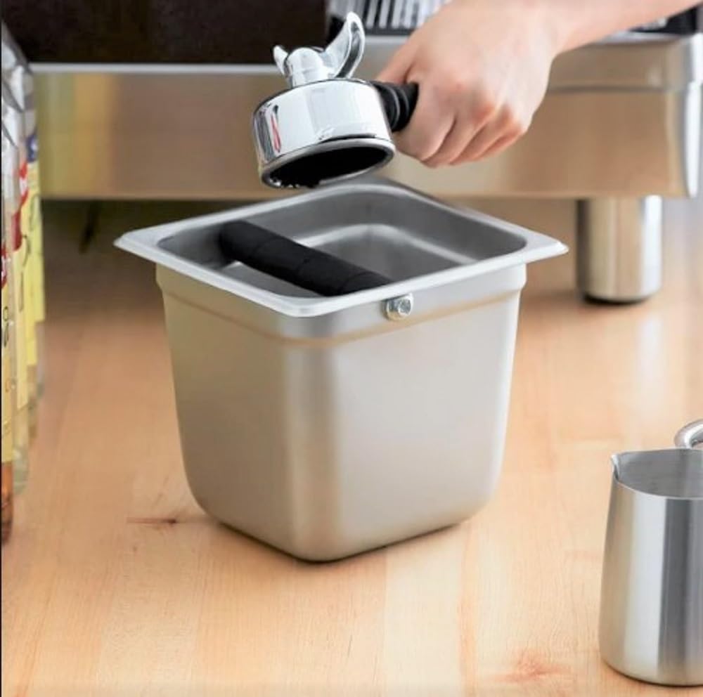 Deep Commercial Grade Stainless Steel Coffee Knock Box with Rubber Knock Bar 0.6mm Thickness- Durable Barista Espresso Knock Box Perfect for Restaurant Cafes Home