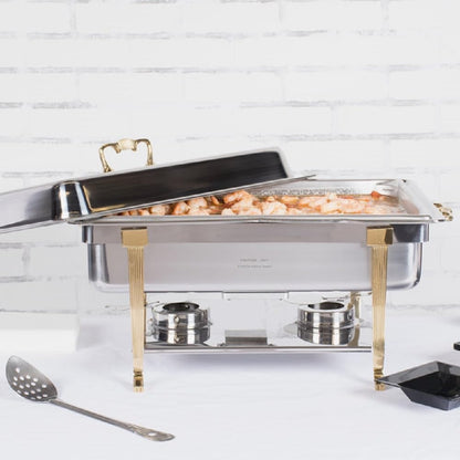 Stainless Steel Full Size Continental Chafing Dish Brass Accent Complete Set- Food Warmer Chafers and Buffet Warmer Sets for Catering Event Party Holiday Buffet Weddings Catering