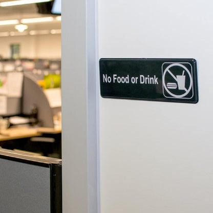 9" x 3" No Food or Drink Sign with Easy Peel Self-Adhesive White on Black Color Set of 2- Door Sign Waterproof Self Adhesive Store Signs Indoor/Outdoor Warning Marker Home Business Use