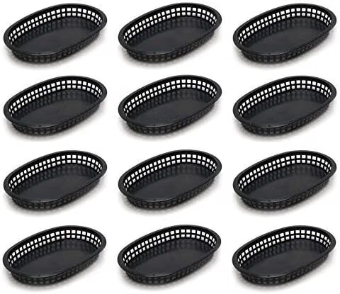 10-3/4" Oblong Fast Food Basket Plastic Set of 12- Fry Fast Food Reusable Foodservice Restaurant Diner Tray Plates Restaurant Deli Serving Chicken Burgers Sandwiches & Fries