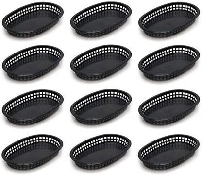 10-3/4" Oblong Fast Food Basket Plastic Set of 12- Fry Fast Food Reusable Foodservice Restaurant Diner Tray Plates Restaurant Deli Serving Chicken Burgers Sandwiches & Fries