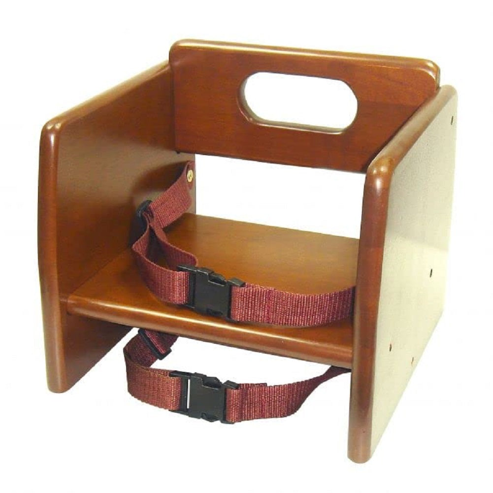 17" Children Booster Seat, Durable Wood Finished Rubber Wood with Harness Straps Seat Back Support Maximum Knock-Down Package, Stackable Booster Seat for Dining Table