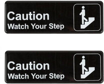 9" x 3" Caution, Watch Your Step Sign with Easy Peel Self-Adhesive White on Black Color Set of 2- Door Sign Waterproof Self Adhesive Store Signs Indoor/Outdoor Warning Marker Home Business Use