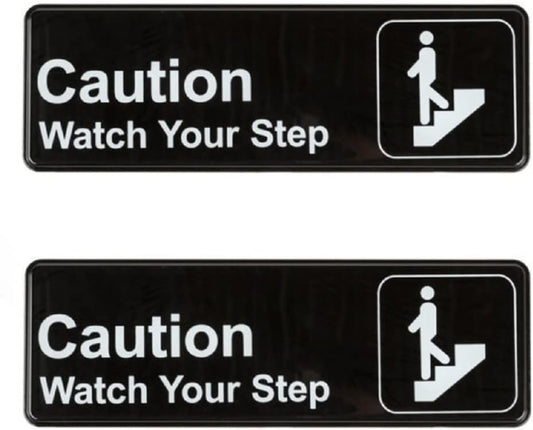9" x 3" Caution, Watch Your Step Sign with Easy Peel Self-Adhesive White on Black Color Set of 2- Door Sign Waterproof Self Adhesive Store Signs Indoor/Outdoor Warning Marker Home Business Use
