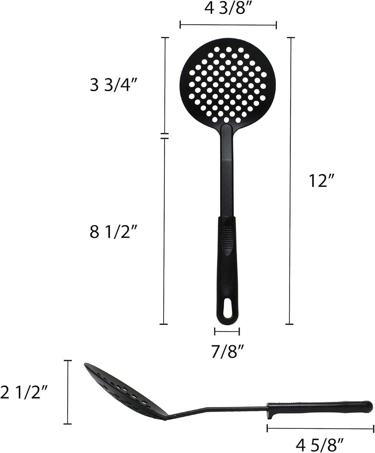 12 1/2” Cooking Skimmer High-Heat Nylon & Polypropylene Handle Black Color- Heat Resistant up to 410°F Cooking Skimmer Strainer Spoon Skimmer Spoon with Holes for Draining Frying