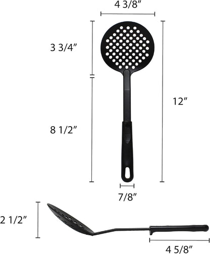 12 1/2” Cooking Skimmer High-Heat Nylon & Polypropylene Handle Black Color- Heat Resistant up to 410°F Cooking Skimmer Strainer Spoon Skimmer Spoon with Holes for Draining Frying