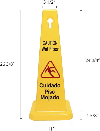 10 3/4" x 10 3/4" Cone Shape Wet Floor Caution Sign Yellow Color- Four-Sided Safety Warning Signs for Commercial Use 27 Inches Height Bilingual Warning Sign