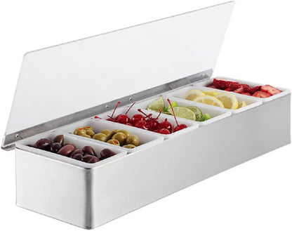 Compartment Condiment Dispenser Garnish Tray Bar Caddy Stainless Steel Body with Acrylic Hinged White Color Lid- Condiment Server Caddy Bar Garnish Holder Bar Accessories Fruit Salad