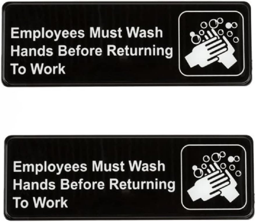9" x 3" Employees Must Wash Hands Sign with Easy Peel Self-Adhesive White on Black Color Set of 2- Door Sign Waterproof Self Adhesive Store Signs Indoor/Outdoor Warning Marker Home Business Use