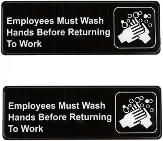 9" x 3" Employees Must Wash Hands Sign with Easy Peel Self-Adhesive White on Black Color Set of 2- Door Sign Waterproof Self Adhesive Store Signs Indoor/Outdoor Warning Marker Home Business Use