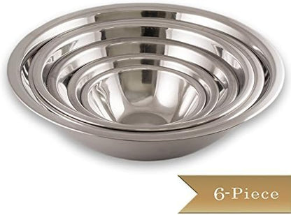 6 Piece Standard Stainless Steel Mixing Bowl Set - Mirror Finish Prep Bowls - 3/4 Qt, 1.5 Qt, 3 Qt, 4 Qt, 5 Qt and 8 Qt,