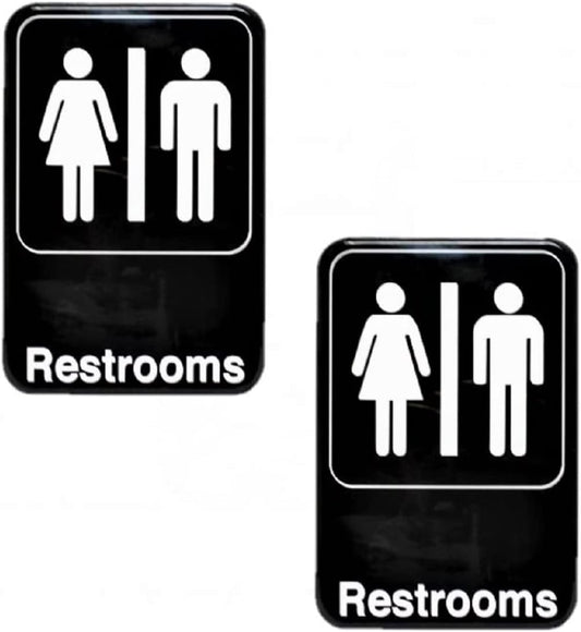 6" x 9" Restrooms Sign with Easy Peel Self-Adhesive White on Black Color Set of 2- Waterproof Self Adhesive Store Signs Indoor/Outdoor Warning Marker Home Business Use