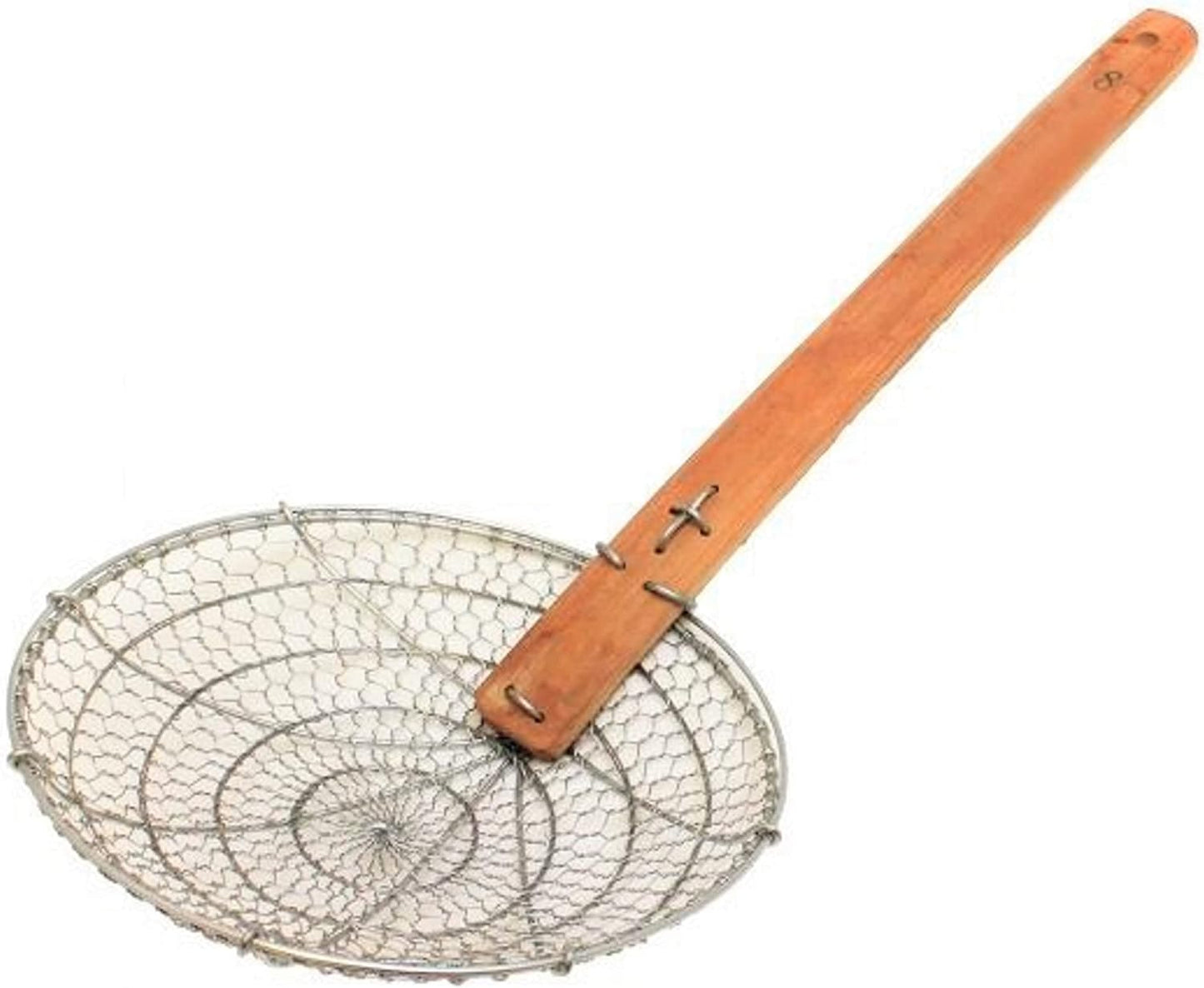 Mesh Skimmer Galvanized Steel with Natural Bamboo Handle- Spider Strainer Ladle Kitchen Frying Food Pasta Spaghetti for Cooking and Frying Pasta Strainer Spoon