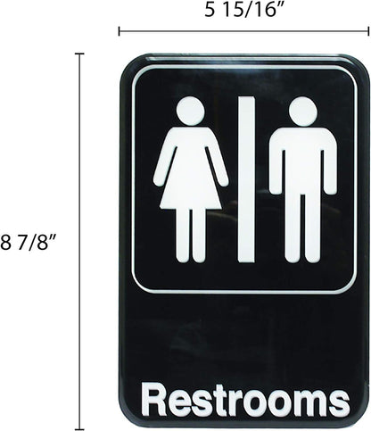 6" x 9" Restrooms Sign with Easy Peel Self-Adhesive White on Black Color Set of 2- Waterproof Self Adhesive Store Signs Indoor/Outdoor Warning Marker Home Business Use
