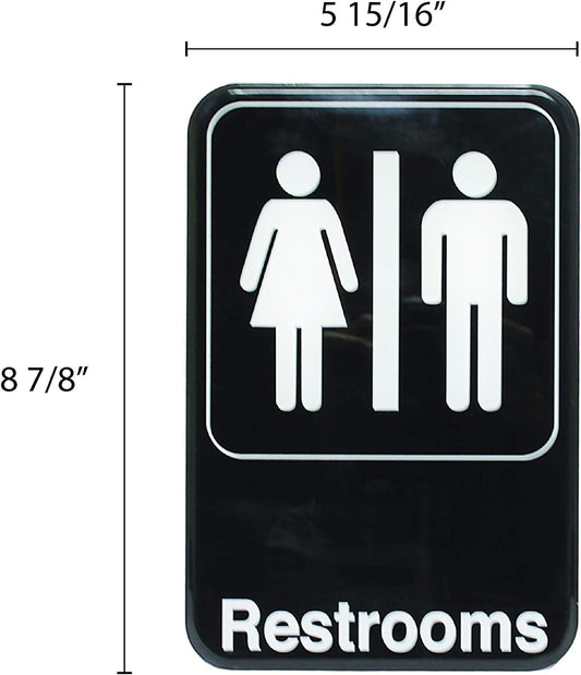 6" x 9" Restrooms Sign with Easy Peel Self-Adhesive White on Black Color Set of 2- Waterproof Self Adhesive Store Signs Indoor/Outdoor Warning Marker Home Business Use