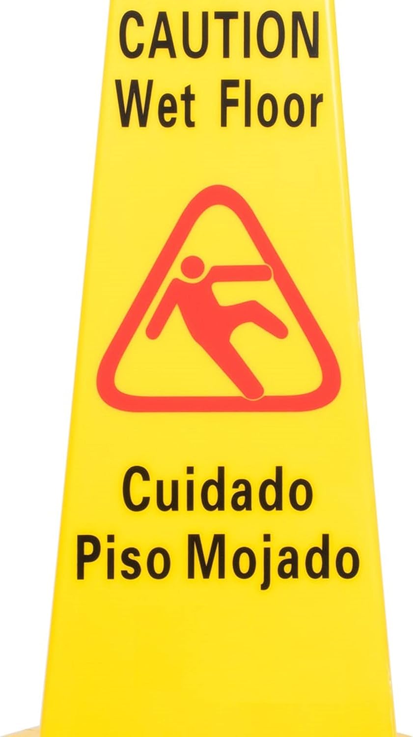10 3/4" x 10 3/4" Cone Shape Wet Floor Caution Sign Yellow Color- Four-Sided Safety Warning Signs for Commercial Use 27 Inches Height Bilingual Warning Sign