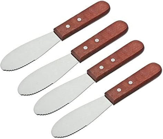 7” Stainless Steel Straight Edge Wide Butter Spreader with Wood Handle Set of 4 - Sandwich Cream Cheese Condiment Knives
