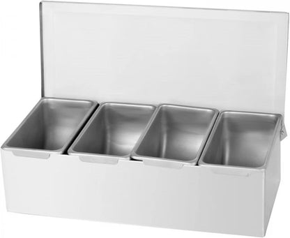 Compartment Condiment Dispenser Garnish Tray Bar Caddy Stainless Steel Body with Acrylic Hinged White Color Lid- Condiment Server Caddy Bar Garnish Holder Bar Accessories Fruit Salad