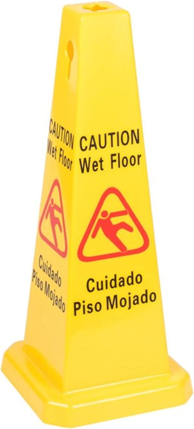 10 3/4" x 10 3/4" Cone Shape Wet Floor Caution Sign Yellow Color- Four-Sided Safety Warning Signs for Commercial Use 27 Inches Height Bilingual Warning Sign
