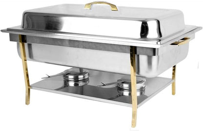Stainless Steel Full Size Continental Chafing Dish Brass Accent Complete Set- Food Warmer Chafers and Buffet Warmer Sets for Catering Event Party Holiday Buffet Weddings Catering